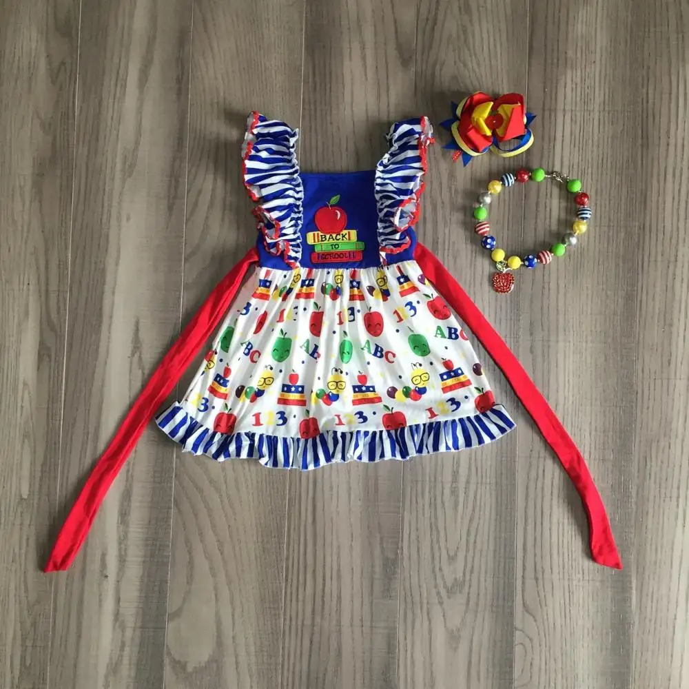 Детское Полосатое платье без рукавов с поясом и темно синим принтом яблока до