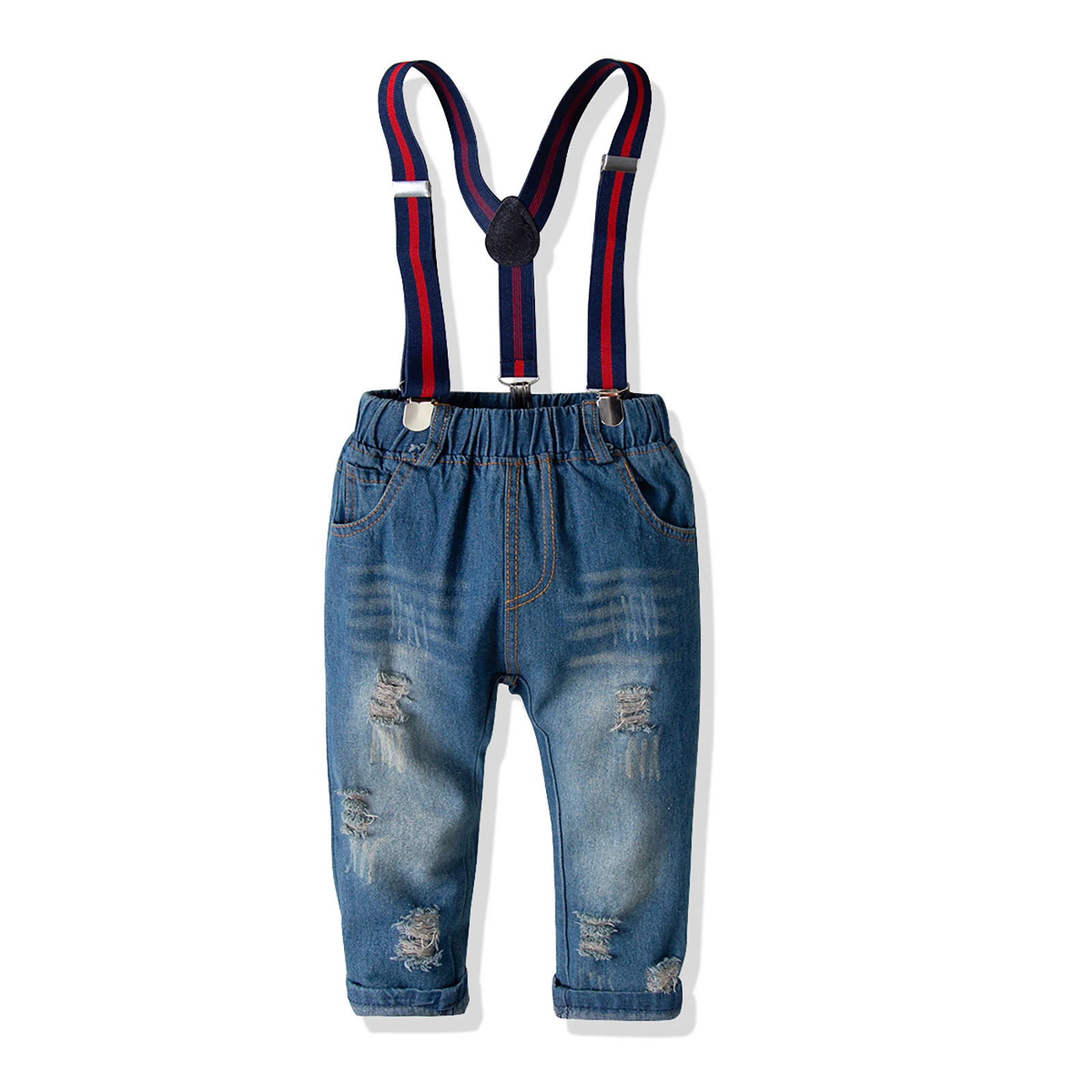 

Spring Autumn Kids Boys Overalls Pants Blue Hole Denim Trousers Strap Pants 0-6Y