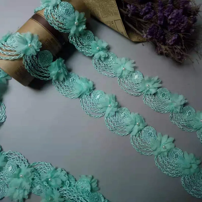 10X зеленый цветок жемчужный шифоновый вышитый кружевной отделкой лента