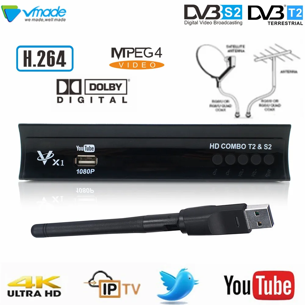 Vmade цифровой эфирный спутниковый ресивер Combo ТВ коробка DVB-T2 DVB-S2 Full HD 1080P ТВ тюнер Поддержка Cccam AC3 IP ТВ для России