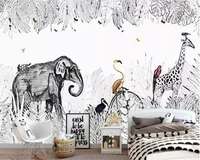 custom wallpaper photo hand painted rainforest plant leaves animal black and white background mural home decoration 3d wallpaper
