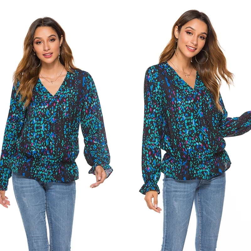 

Women Sexy V Neck Long Sleeve Blouses Tunic Shirt Fashion Printed Loose Pullover U50C