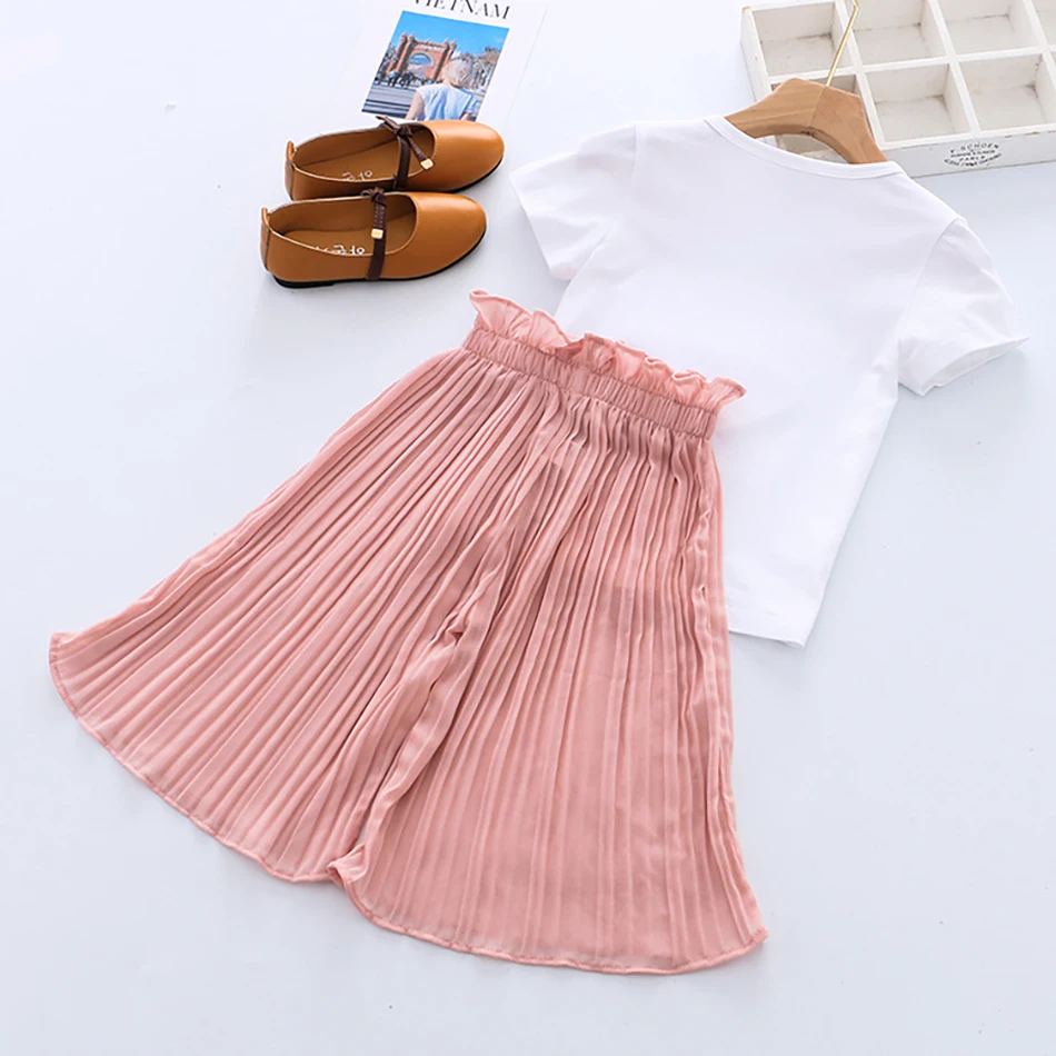2021 Girls Summer Set T-shirt+Chiffon Pants 2 Pcs Children Clothes Children Casual Print Costume For 3-10 Years