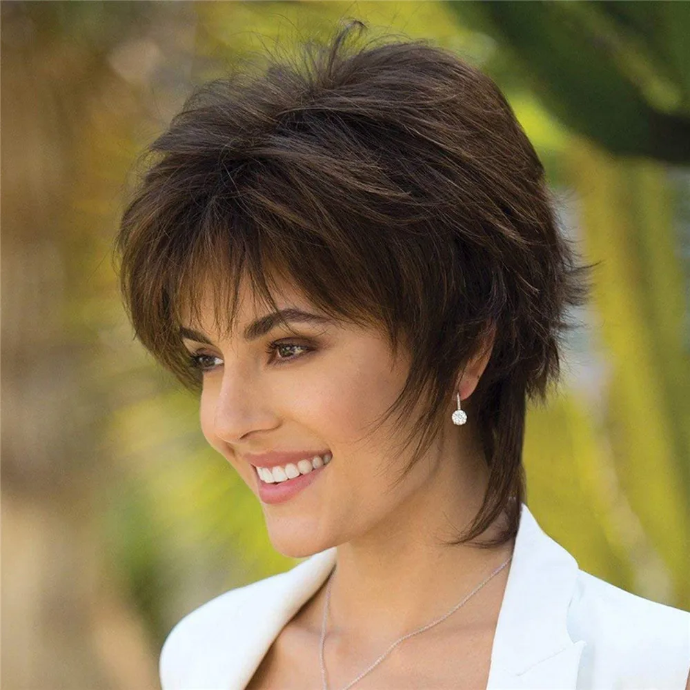

Mixed Brown Wig Short Pixie Synthetic Wigs for White Women Natural Looking Curly Hair Wigs Heat Resistant Fiber