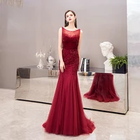 luxury fashion wine red beaded sequins mermaid evening dress illusion sleeveless open v back tassel women formal party gown 2021