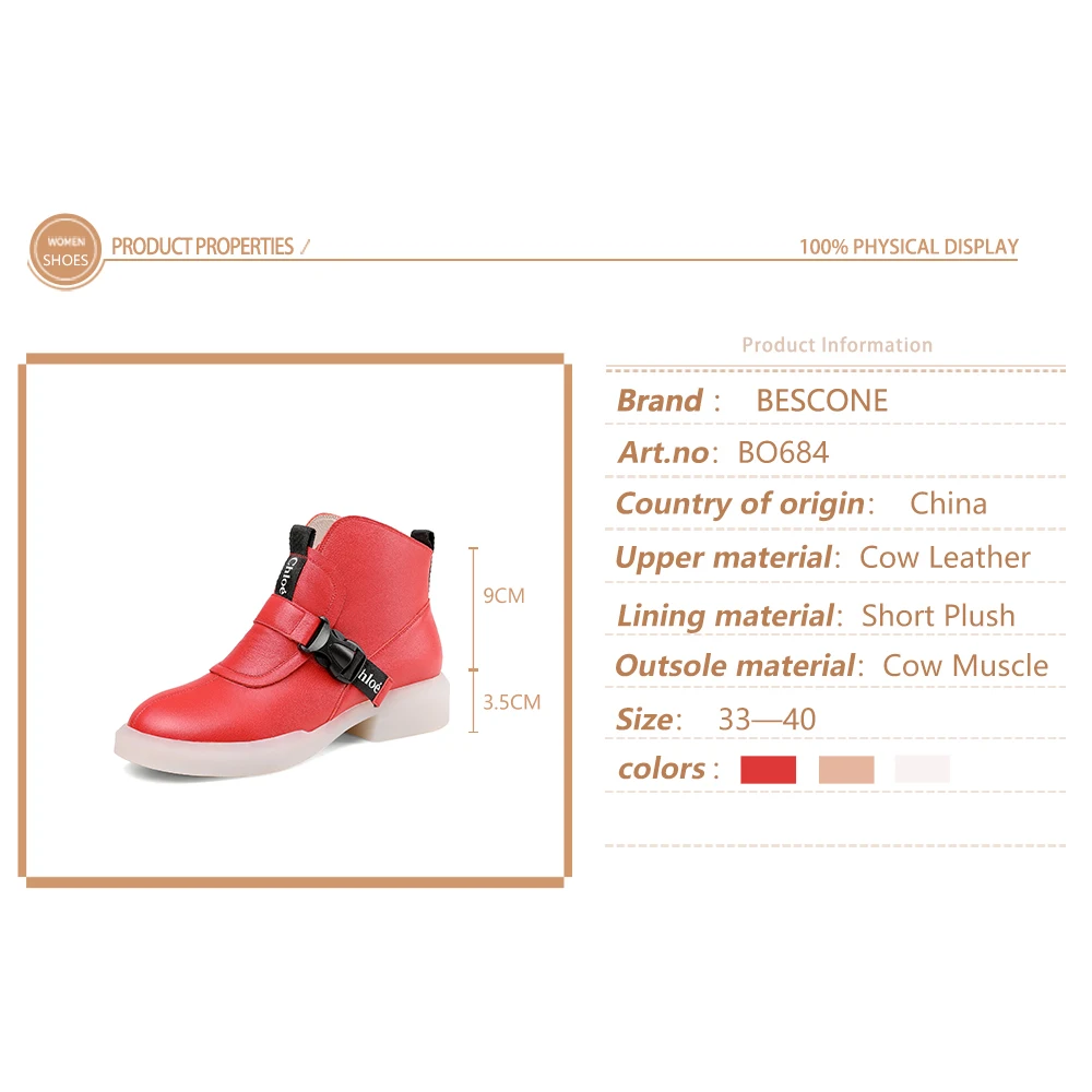 

BESCONE Stylish Winter Ankle Boots Genuine Leather Plastic Clips Decoration Boots Round Toe Square Low-heel Women Shoes BO684
