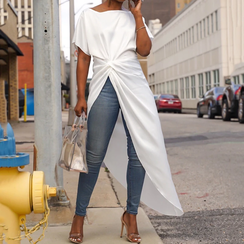 Lossky асимметричные атласные туники блузка сексуальная с разрезом элегантная