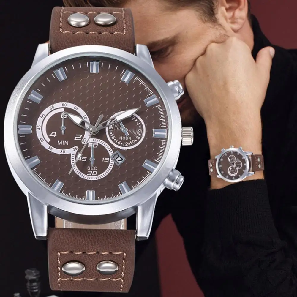 

Часы наручные мужские с календарем, повседневные деловые кварцевые, с заклепками, с ремешком, с одиночным календарем