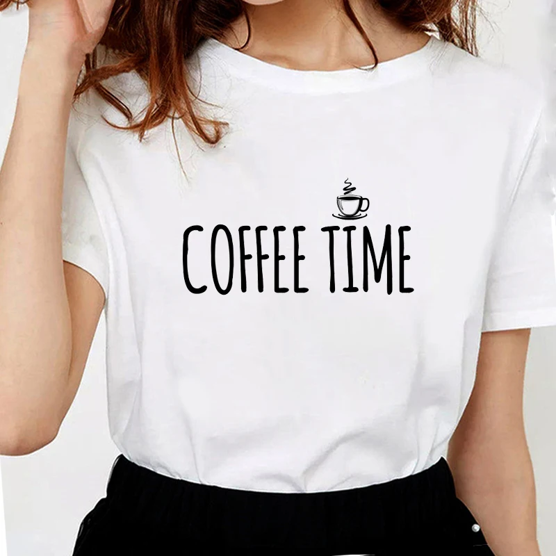 Женская футболка с надписью Love Coffee Time белая Повседневная из мягкого хлопка S1783