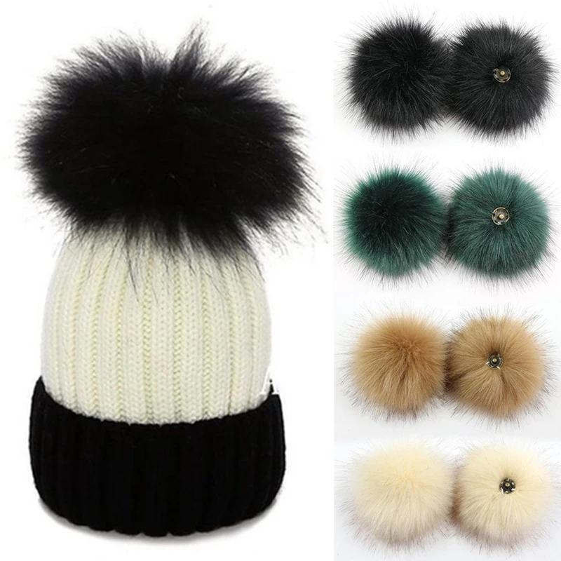 

2pcs 12CM Faux Fox Fur Pompom Fluffy Faux Fur Pom Pom Ball for Baby Girl Pompoms Beanie Hat Ball with Press Button Accessories