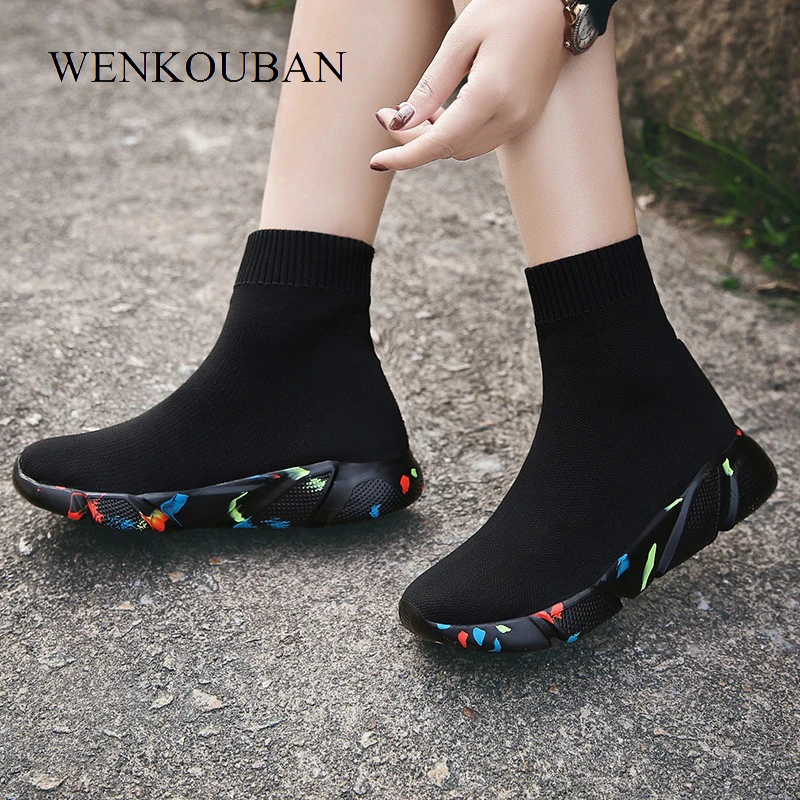 Высокие кроссовки Женские носки Вязаная Вулканизированная обувь слипоны на