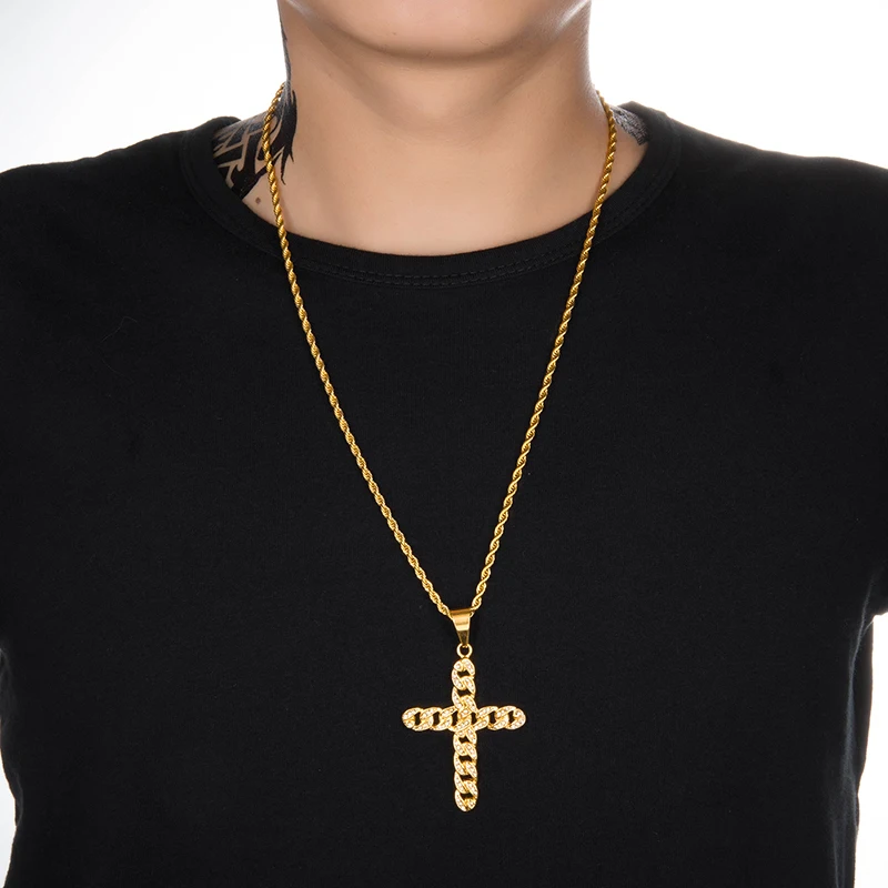 

HIP Hop Gold Color Stainless Steel Bling Iced Out Rope Chain Boxing Cuban Chain Cross Pendants & Necklaces for Men Jewelry