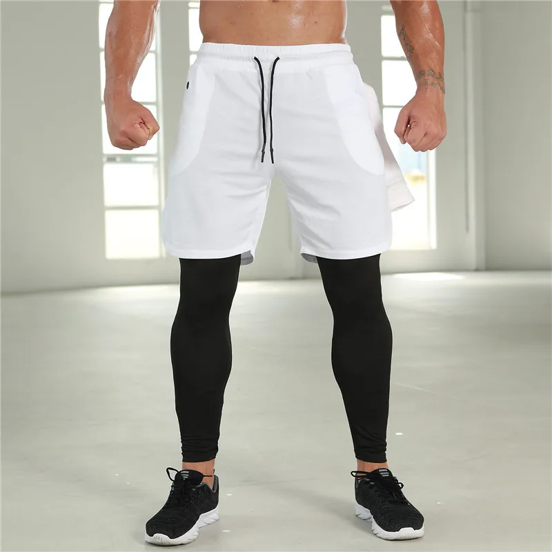 

2021 Running Shorts Men 2 In 1 Double-deck Quick Dry GYM Sport Shorts Fitness headset hole Jogging Shorts Men Sports Short Pants