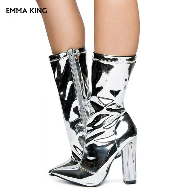 Новинка женские ботинки на высоком каблуке Цвет серебристый 2019 Модные ботильоны