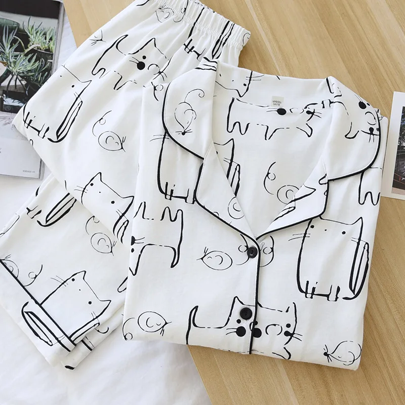 

224 New Summer 100% Cotton Pajamas Two-Piece Pajama Thin Long-Sleeved Pant Ladies Knitted Cartoon Cat Printed Home Service Set