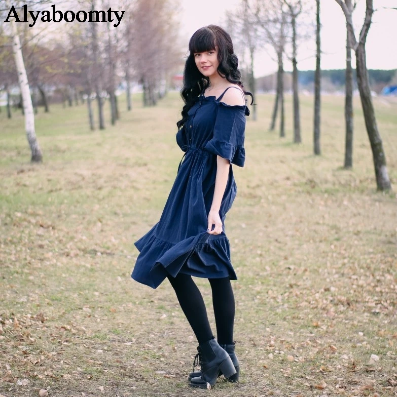 Женское платье японского стиля“Mori Girl” с вырезом-лодочка, темно-синего цвета,хлопковое нежное, женственное свободное миди платье с оборками и коротким рукавом,элегантное платье на лето