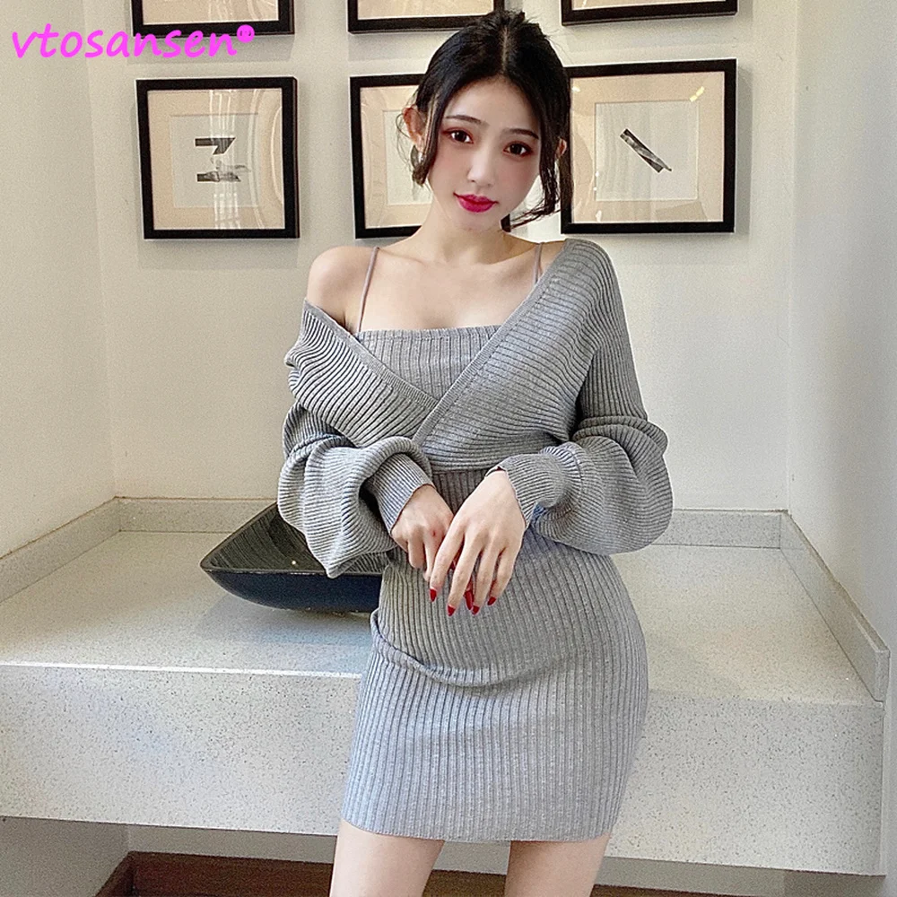 

2021 New Autumn Winter Woman Sexy Wrap Hip Long Sleeve Grey Strapless Knitted Dress Mini White Female Slim Wild Fashion Sweater