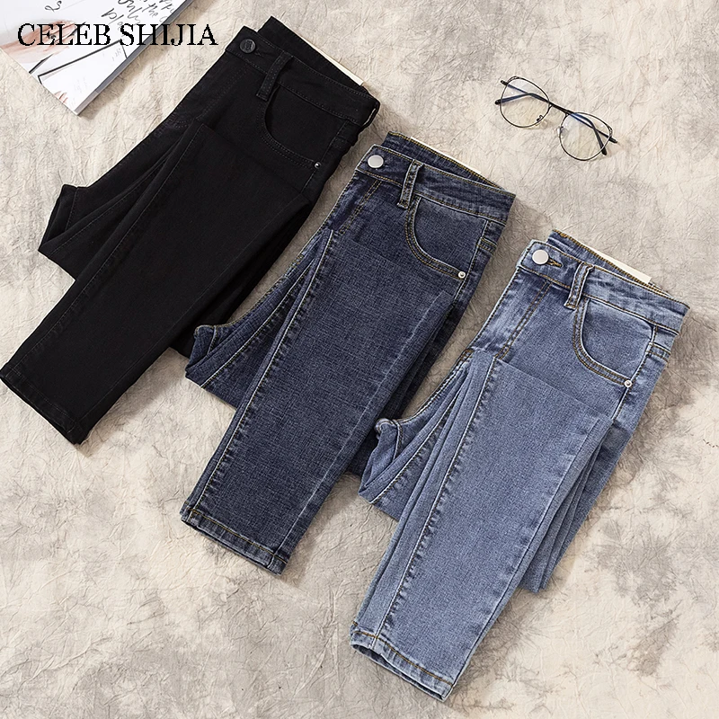 

CHIC Elastic Denim Skinny Jeans Woman High Waist Pencil Pants Woman Korean Fashion Show Slim High Light Blue Gray Jean Female