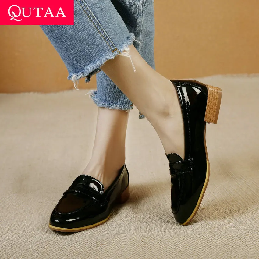 

QUTAA 2021 Round Toe Slip On Women Shoes Spring Autumn Casual Square Low Heels PU Patent Leather Basic Female Pumps Size 34-43