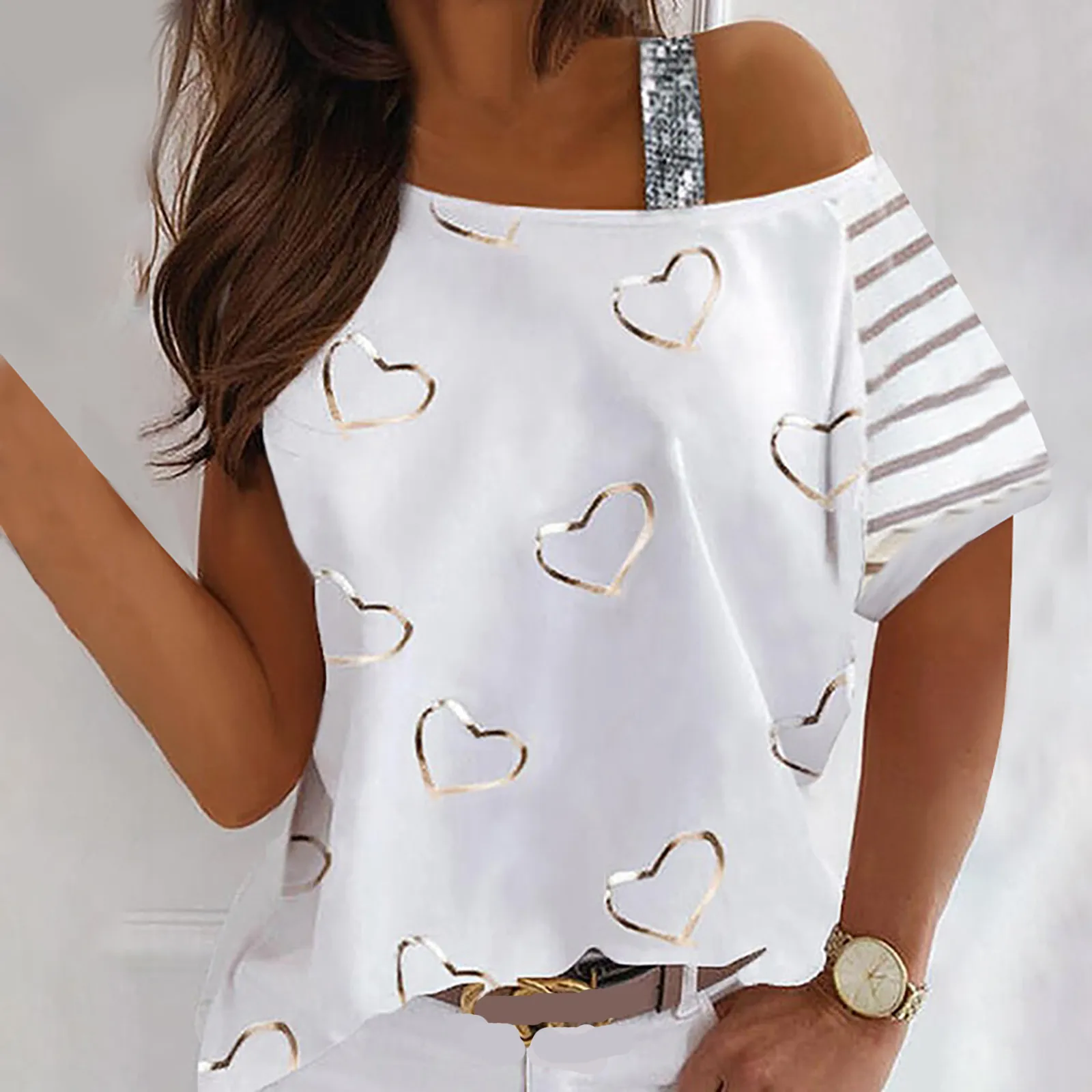 

45# New Women's Blouse Sexy Heart love print Blouse Shoulder Fashion Short Sleeve Casual Ladies Top camisetas de mujer