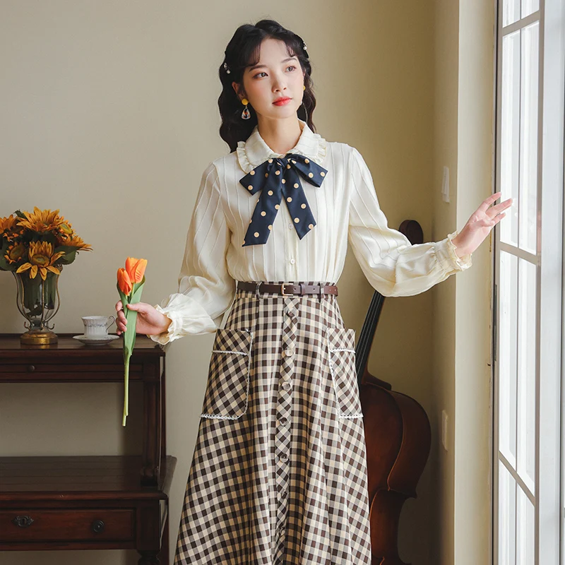 

Пленка не ниже 】 【 точечная рубашка с длинным рукавом Женские клетчатые юбки модные костюмы