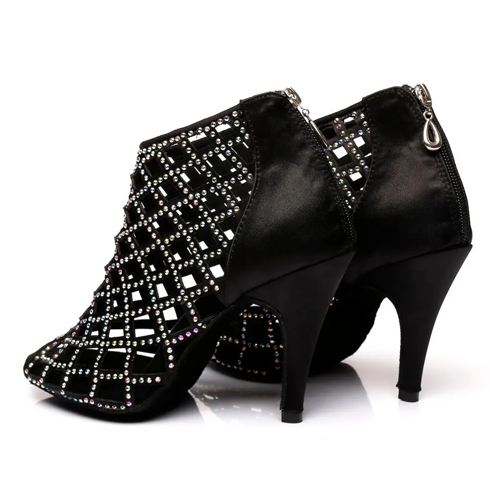 HROYL Women Latin Dance Shoes Elegant Cut-outs Rhinestone Ballroom Tango Dancing Shoes High Heels Salsa Dance Sandals Thin Heel