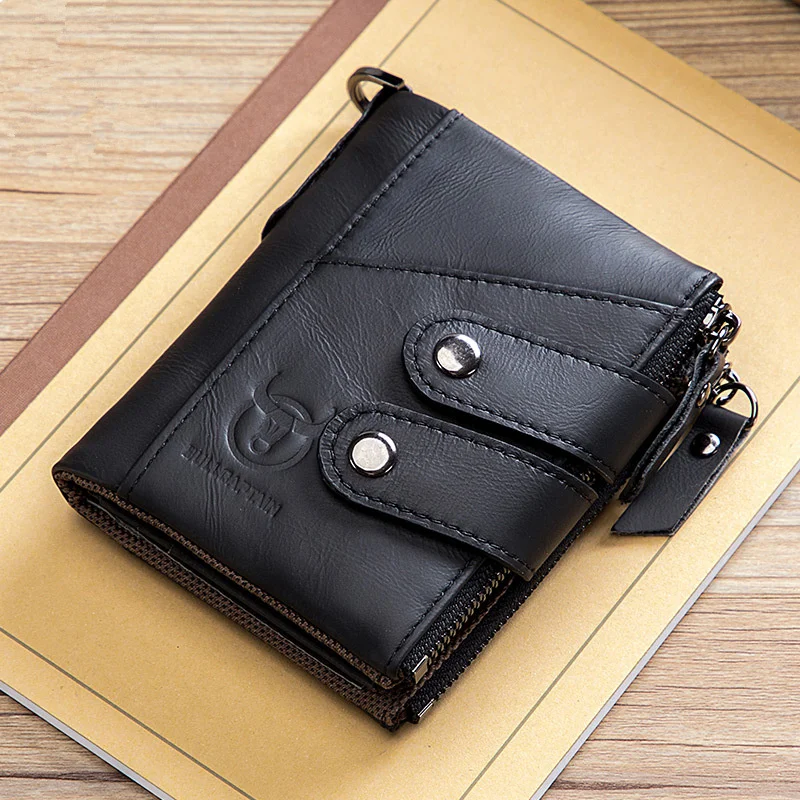 

RFID Genuine Leather Wallet Men Vintage Zipper 3 Folds Money Clutch Card Holder Cow Leather Anti-lost Chain Purse Wallet Men