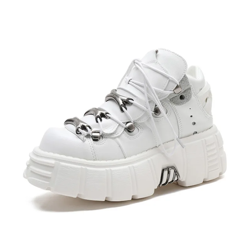 Punk Style Women Sneakers Lace-up 6CM Platform Shoes Woman Creepers Female Casual Flats Metal Decor Motorcycle Shoes Fashion