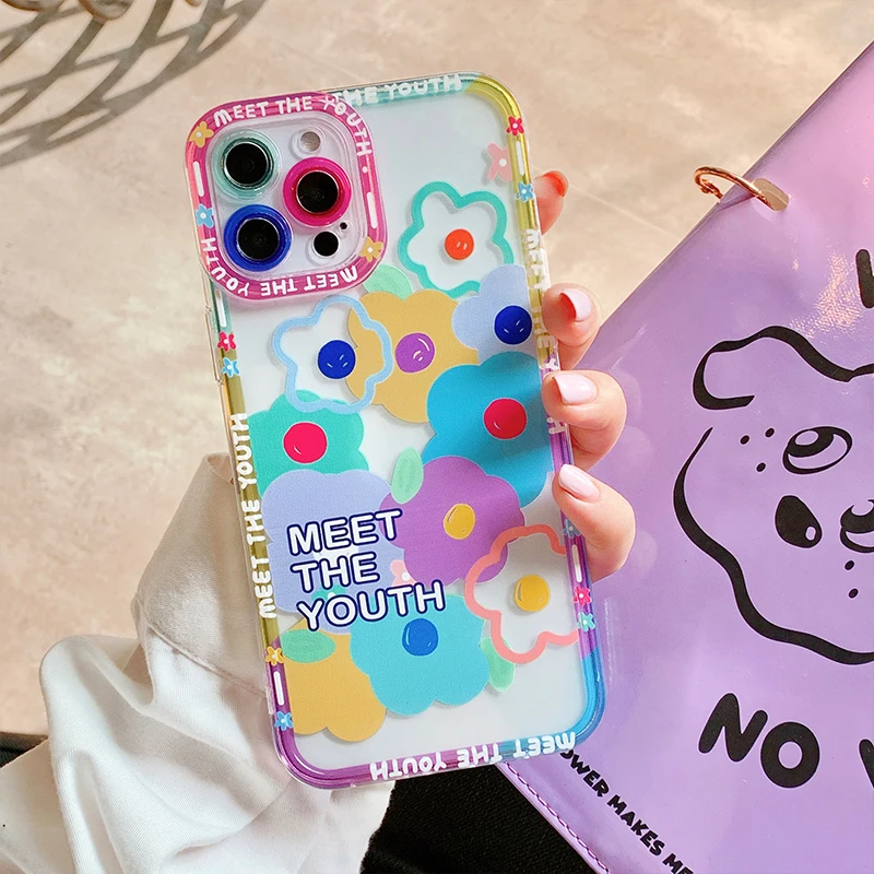 Cute Colorful Flowers Smile Clear Phone Case For iPhone 14 Pro Max 13 12 11 X XS XR 7 8 Plus Transparent Soft Shockproof Cover