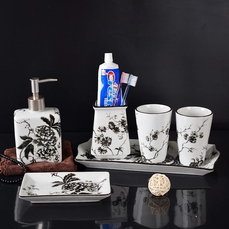 

Washingroom Set Ceramic Crackle Chinese Ink-Painting Soap Liquid Dispenser Toothbrush Holder Cup Soap Dish Bathromm Supplies