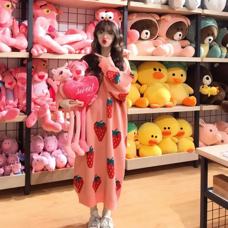 Kawaii розовый свитер длинный участок большого размера клубничный пуловер свитер зима женская корейская версия трикотажа осень теплая новая одежда