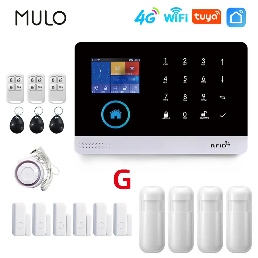 

MULO PG103 4G 3G Wifi Alarm System With Wireless Keyboard Burglar Security Alarm Kits TUYA Smart Life app Control