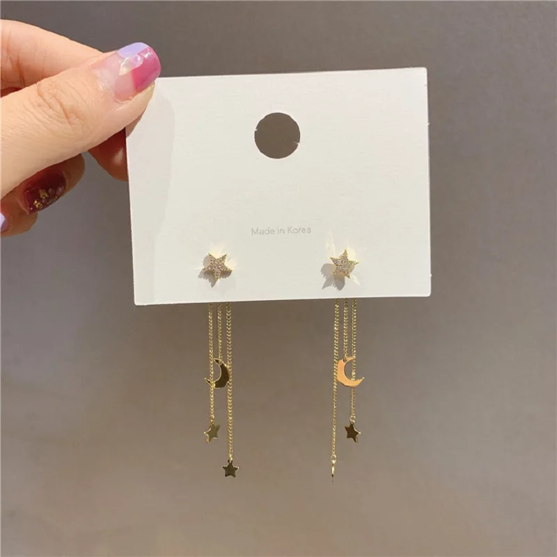 

Silver Needle Five-pointed Star Tassel Earrings Women Light Luxury Wedding Jewelry Accessories Simple Moon Elegant Studs Gifts
