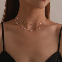 vintage simple crystal pendant necklace double layer clavicle thin chain charm choker necklaces for women party jewelry gift