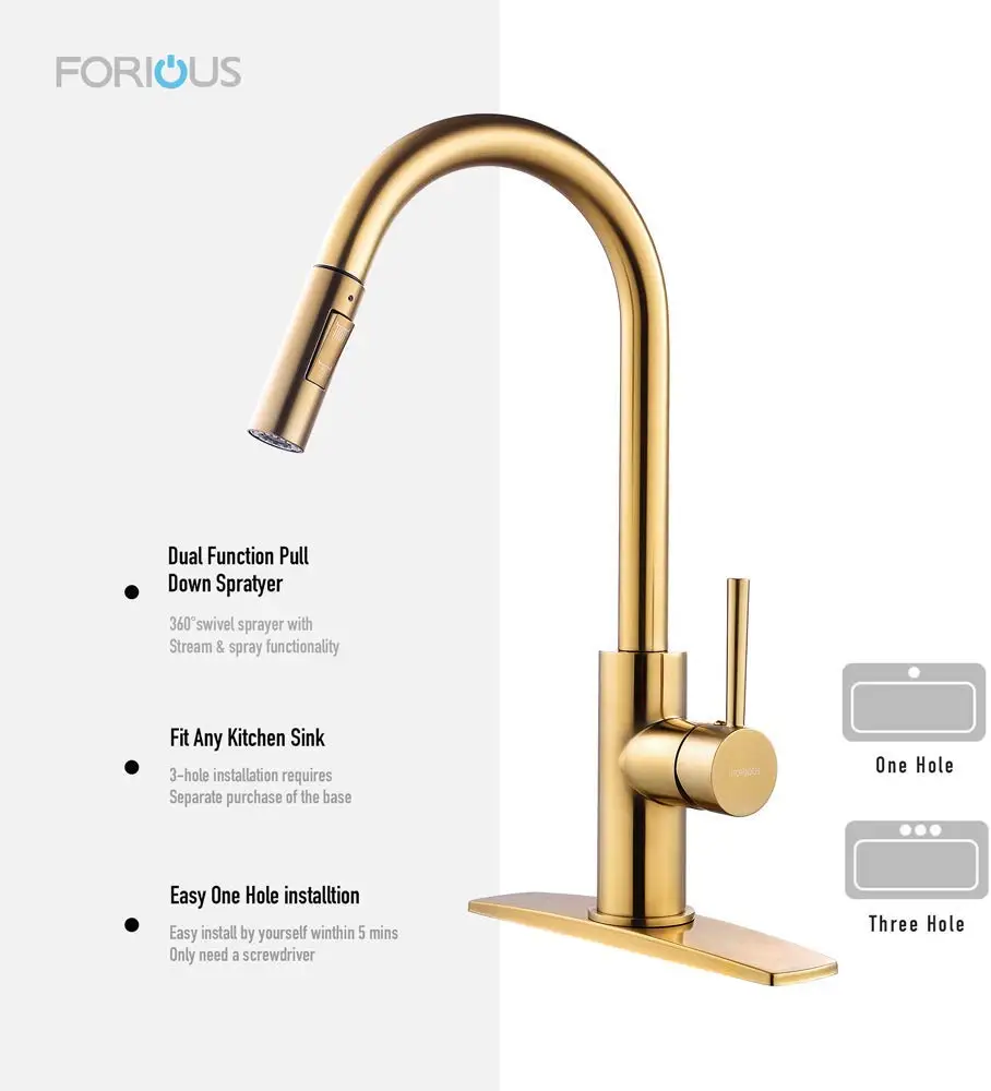 

FORIOUS Kitchen Faucet with Pull Down & Pull Out Sprayer, Single Hole and 3 Hole Deck Mount, Sing Handle Copper Gold