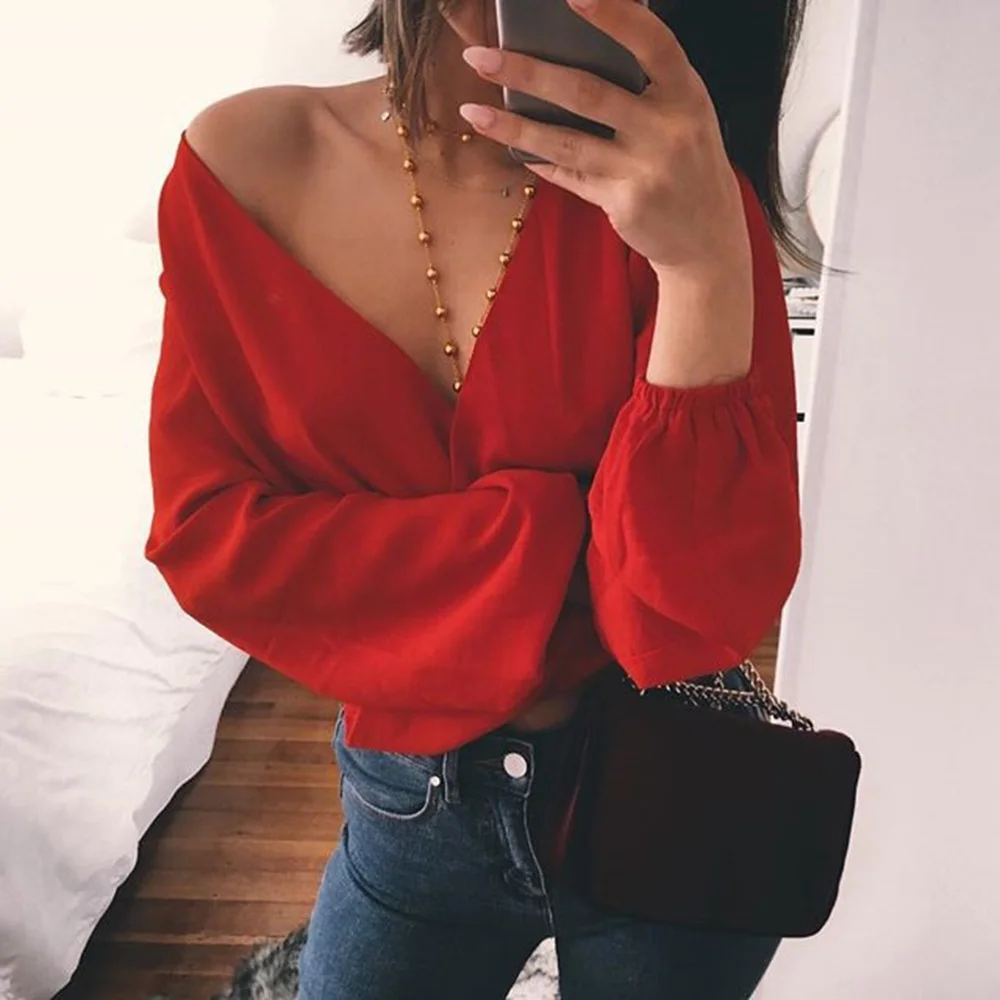 

Sheath short sleeve with v-neck, female chiffon shirts with bare back, red and white, wrap blouse for autumn 2021