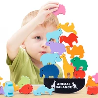12pcs montessori wooden rainbow animal balance blocks board games toys dinosaur educational stacking high building block toy