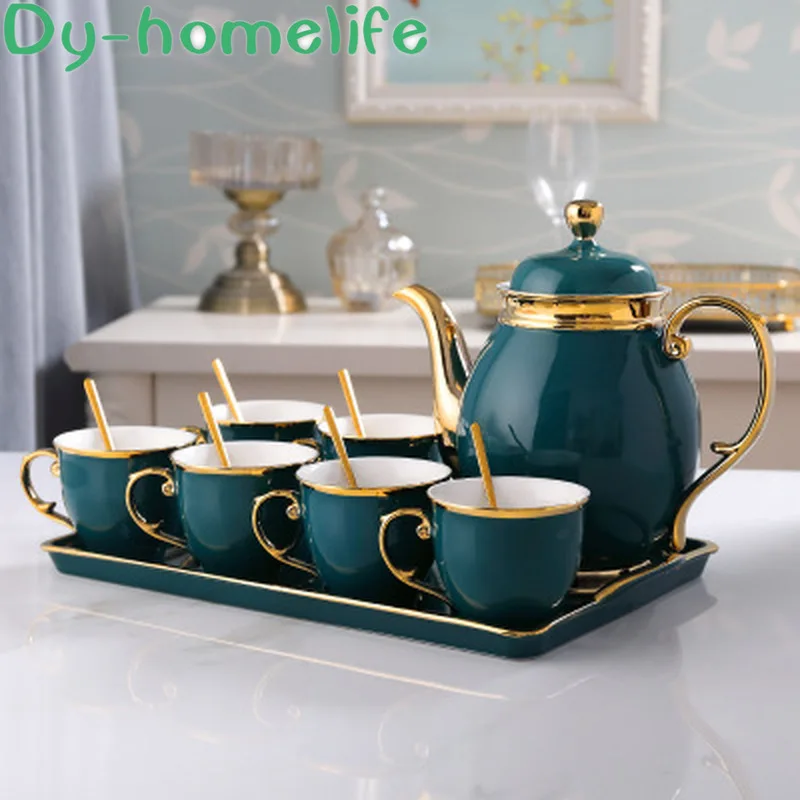Европейский керамический набор для кофе и чая с золотистой ручкой подносом в