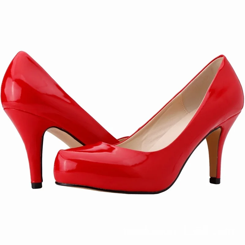 

2020 new spring autumn casual Women's Thin High heels shoes Pumps Office & Career Party Round Toe Patent Leather 8CM Slip On