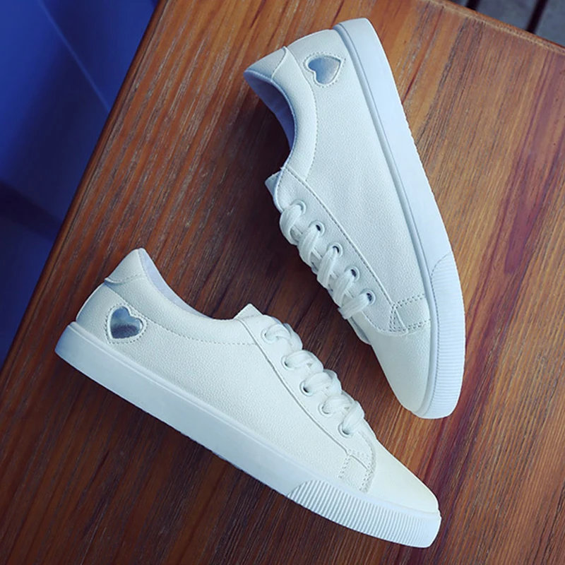 

Women's Small White Shoes Solid Color PU Leather Sports Breathable Lace Up Round Toe Sneakers кроссовки женские