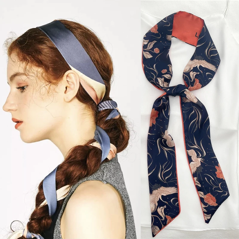 Silk Long Hairband Scarf Women Skinny Print Neck Tie Ribbon Bag Wrist Bandana Ponytail Headscarves Korean Fashion Accessories