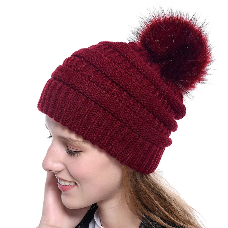 

Knit Slouchy Beanie for Women Thick Baggy Hat Faux Fur Pompom Winter Hat
