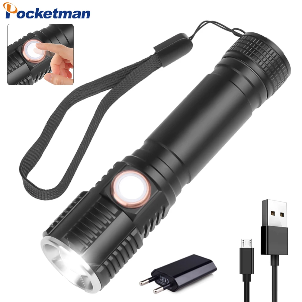 Самый мощный фонарик с подзарядкой от USB супер яркий фонарь светодиодный зумом