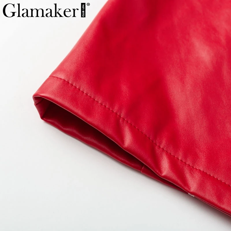 Glamaker Плиссированное красное платье из искусственной кожи, Женское зимнее облегающее мини-платье с длинным рукавом, элегантное осеннее сексуальное Клубное платье с v-образным вырезом, вечерние платья