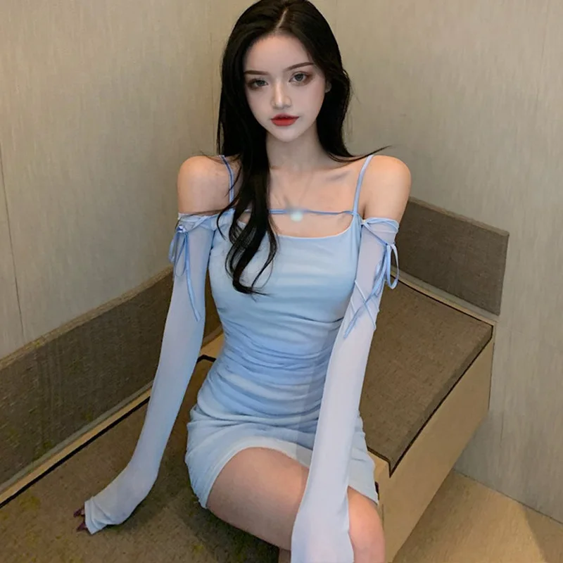 

Sexy One-shoulder Dress Women' s Pleated Skirt With Waist Slimming Mesh Wrap Hip Skirt Spring Summer Slim Club Party Dress