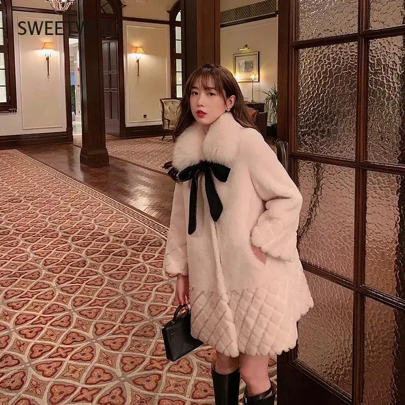 Women Winter Thick Warm Solid Rhombus Pattern Jacket Female Elegant Bow Faux Fur Coats Lady Single Breasted Outerwear 2022
