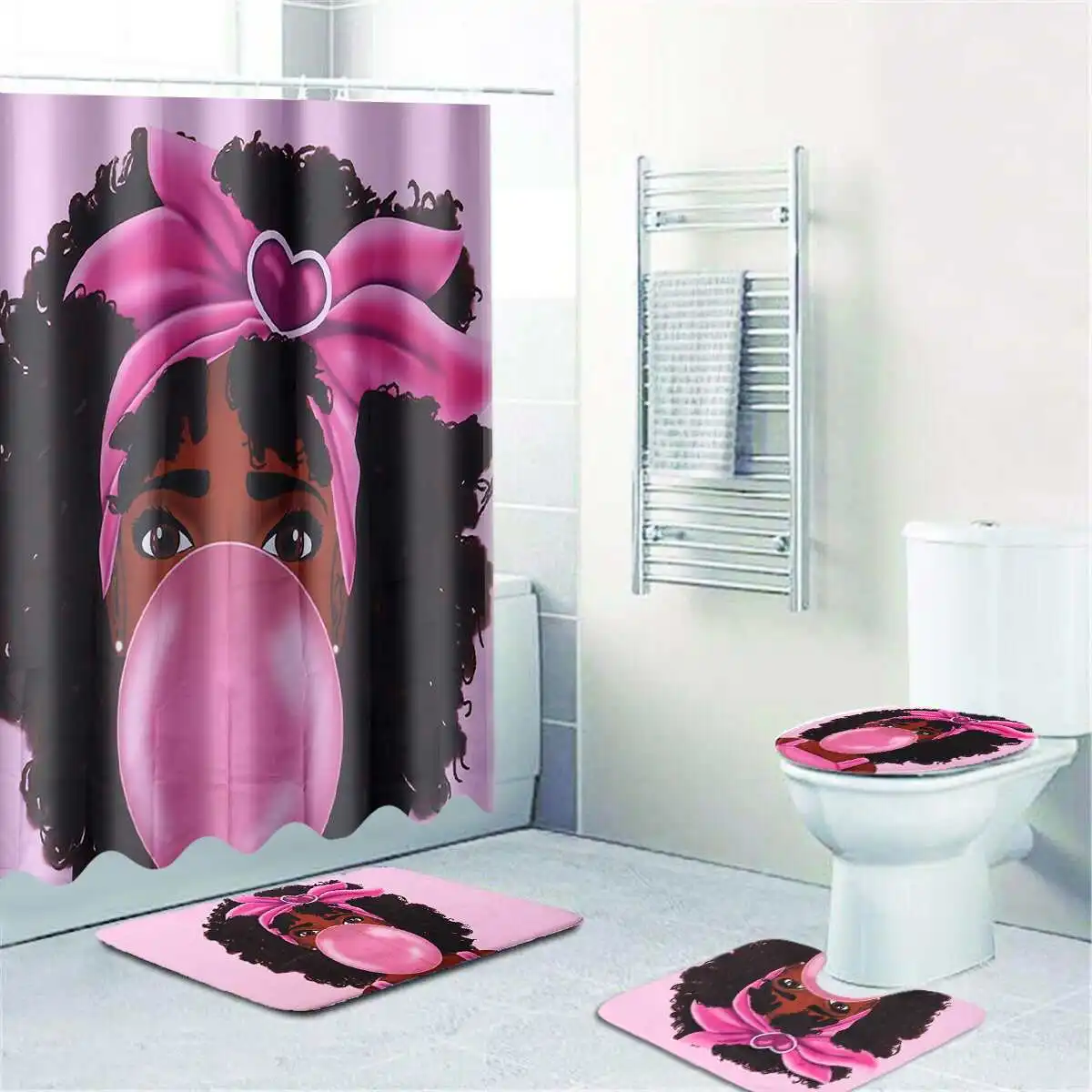 

1/3/4Pcs Shower Curtain Africa Girls Waterproof Shower Curtain 3D Printed Polyester Non-Slip Rug Toilet Cover Bath Mat Set