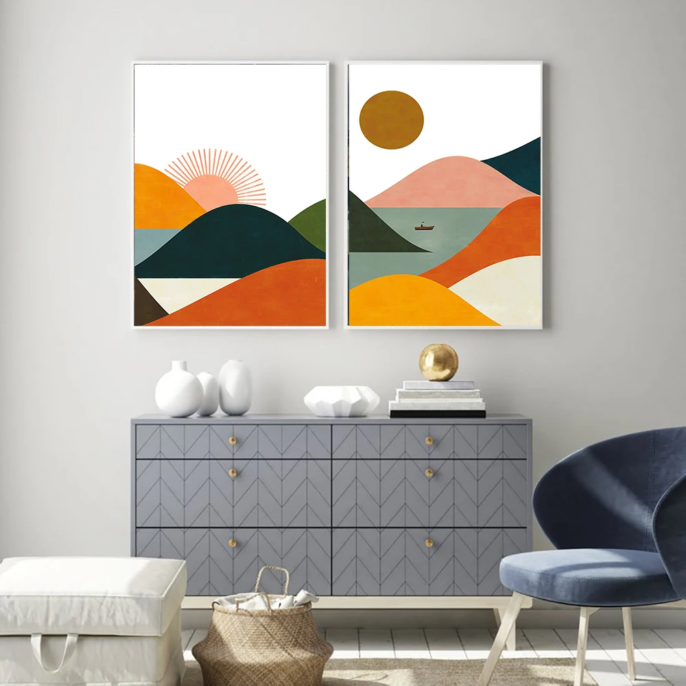 

Scandinavian Posters Boat Lake Mount Canvas Painting Abstract Landscape Wall Art Prints Pictures Modern Living Room Home Decor