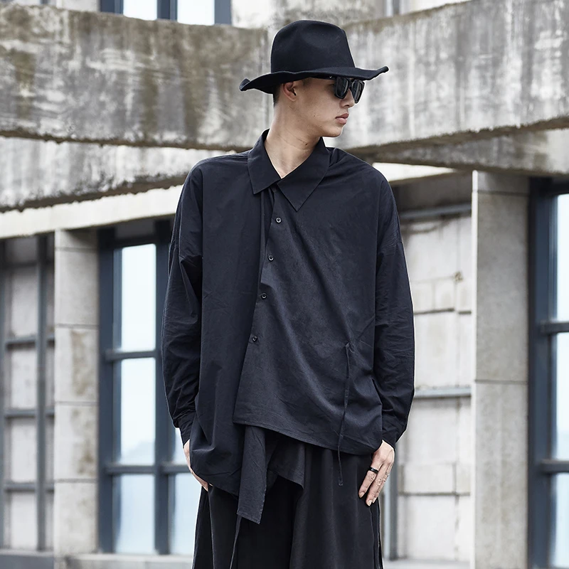 Men's Long-Sleeve Shirt Spring And Autumn New Personality Front Irregular Hem Niche Design Hip Hop Alternative Large Size Shirt