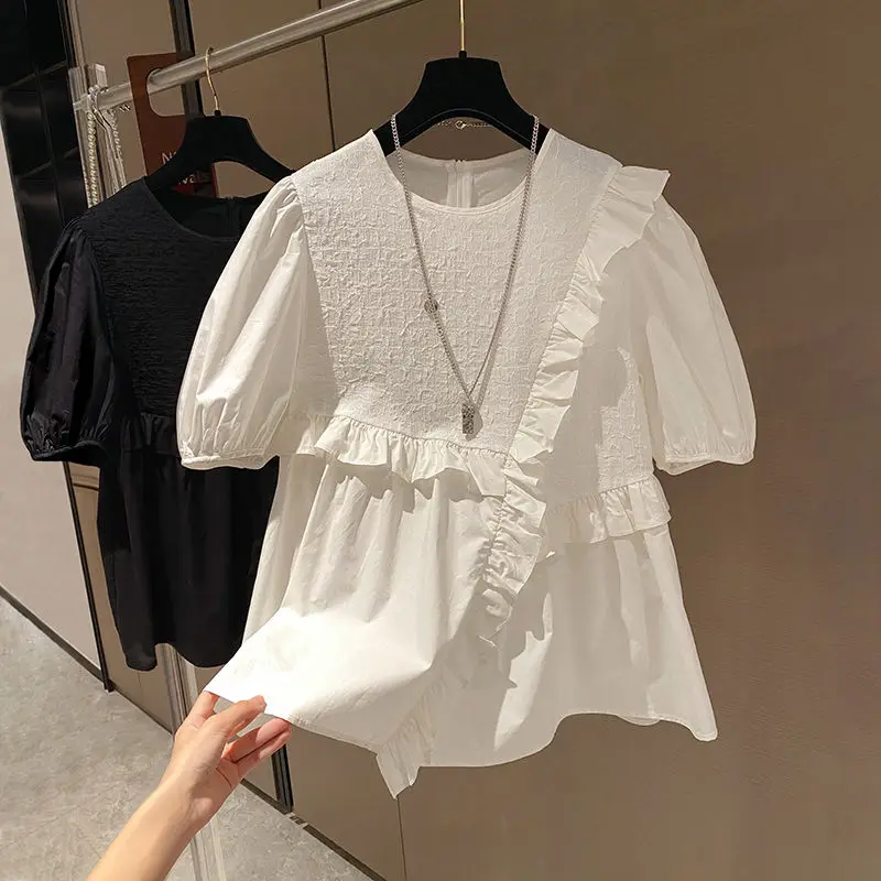 

SuperAen French White Loose Patchwork Ruffle Solid O Neck Shirts Short Sleeve 2022 New Doll Womens Tops